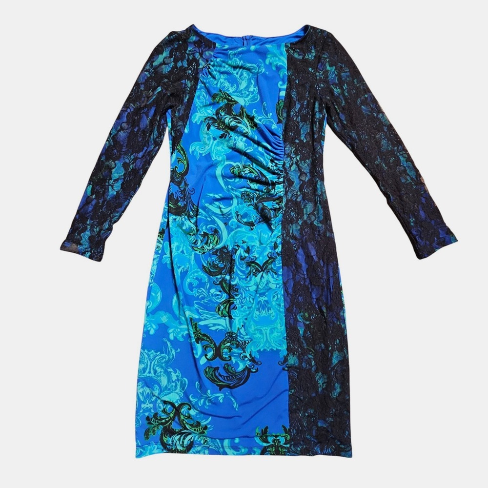 David Meister Lace Panel Ruched Sheath Dress Bodycon Mixed Media 6 Art To Wear
